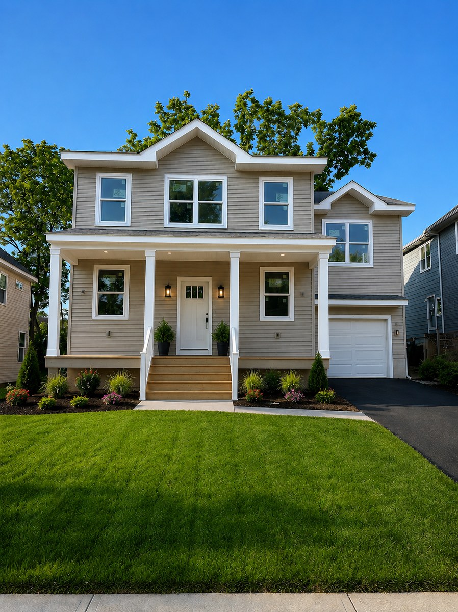 Lot 7 rendering at 2233 Old Welsh Road in Willow Grove — two-story home with taupe siding, white trim, full-width covered front porch, and attached garage