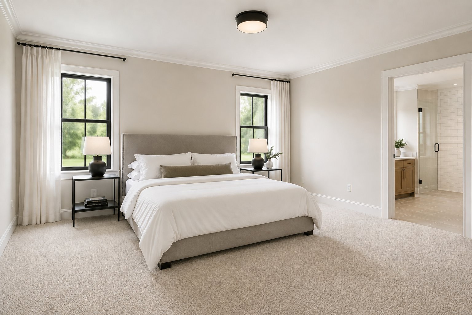 Primary bedroom with two windows, plush carpet, upholstered bed, and ensuite bathroom visible through a doorway