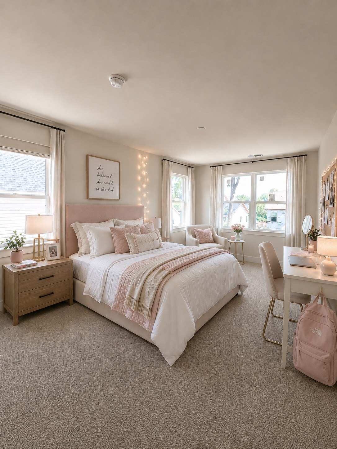 Model 2 secondary bedroom with upholstered headboard and desk nook