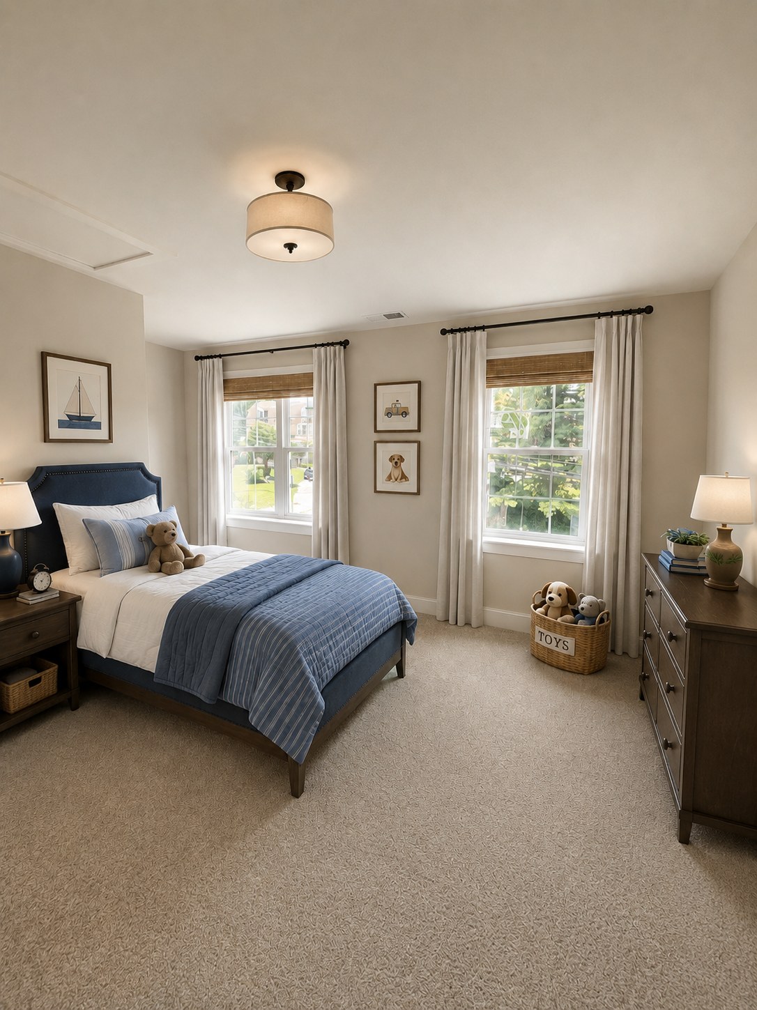 Model 2 bedroom 3 with blue upholstered headboard and nautical-themed decor