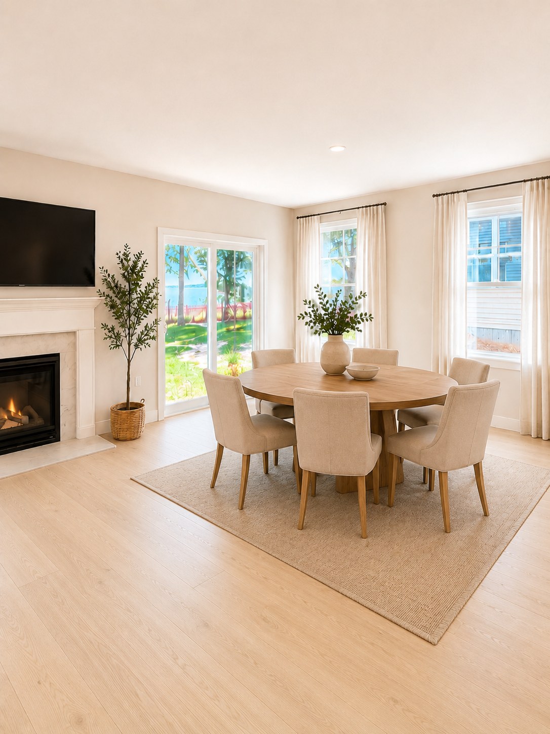 Model 1 dining room with round wood table, upholstered chairs, and sliding glass door to the yard