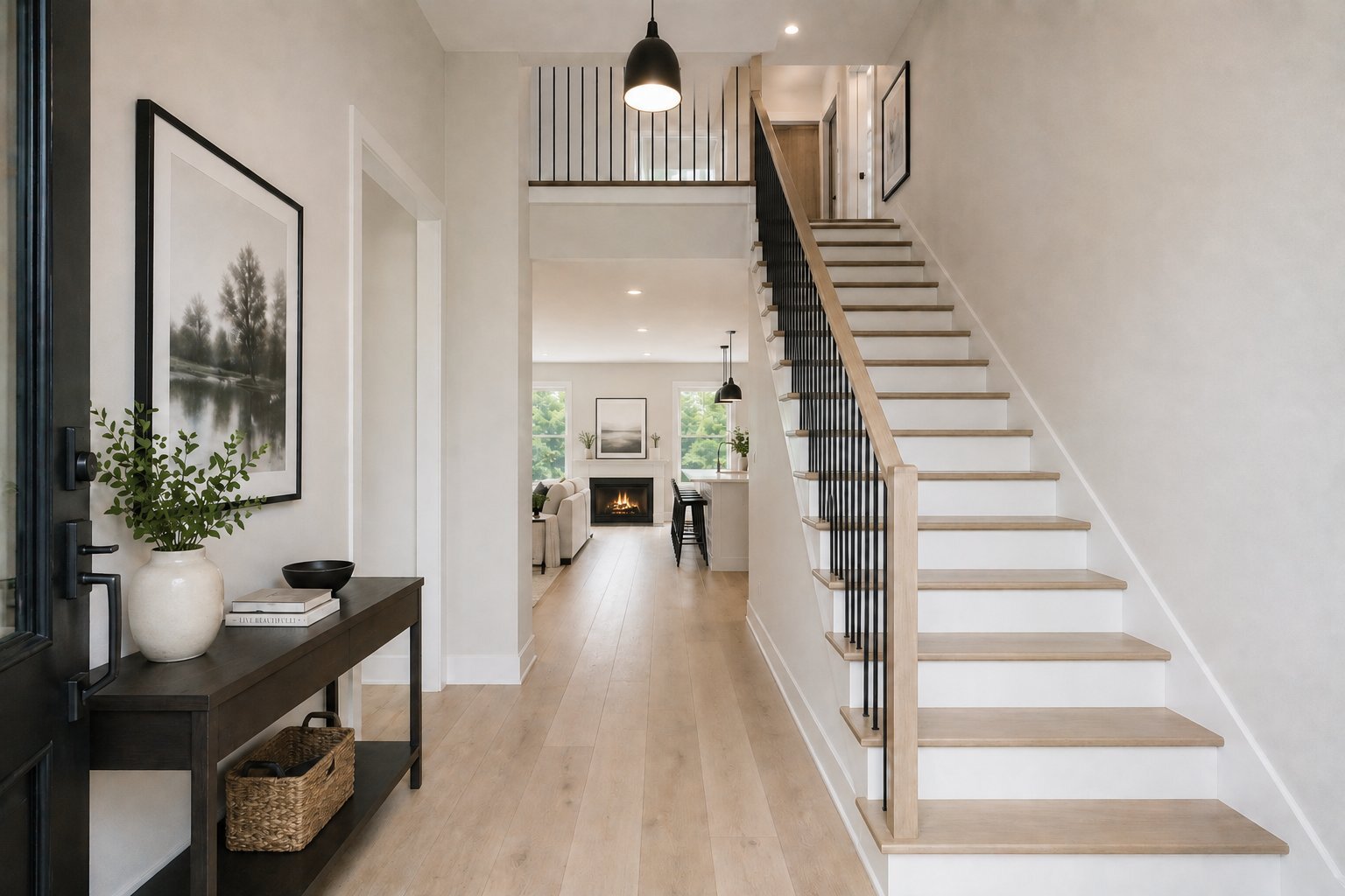 Entry foyer with light oak floors, a two-story ceiling, and a staircase with white risers, oak treads, and black metal balusters