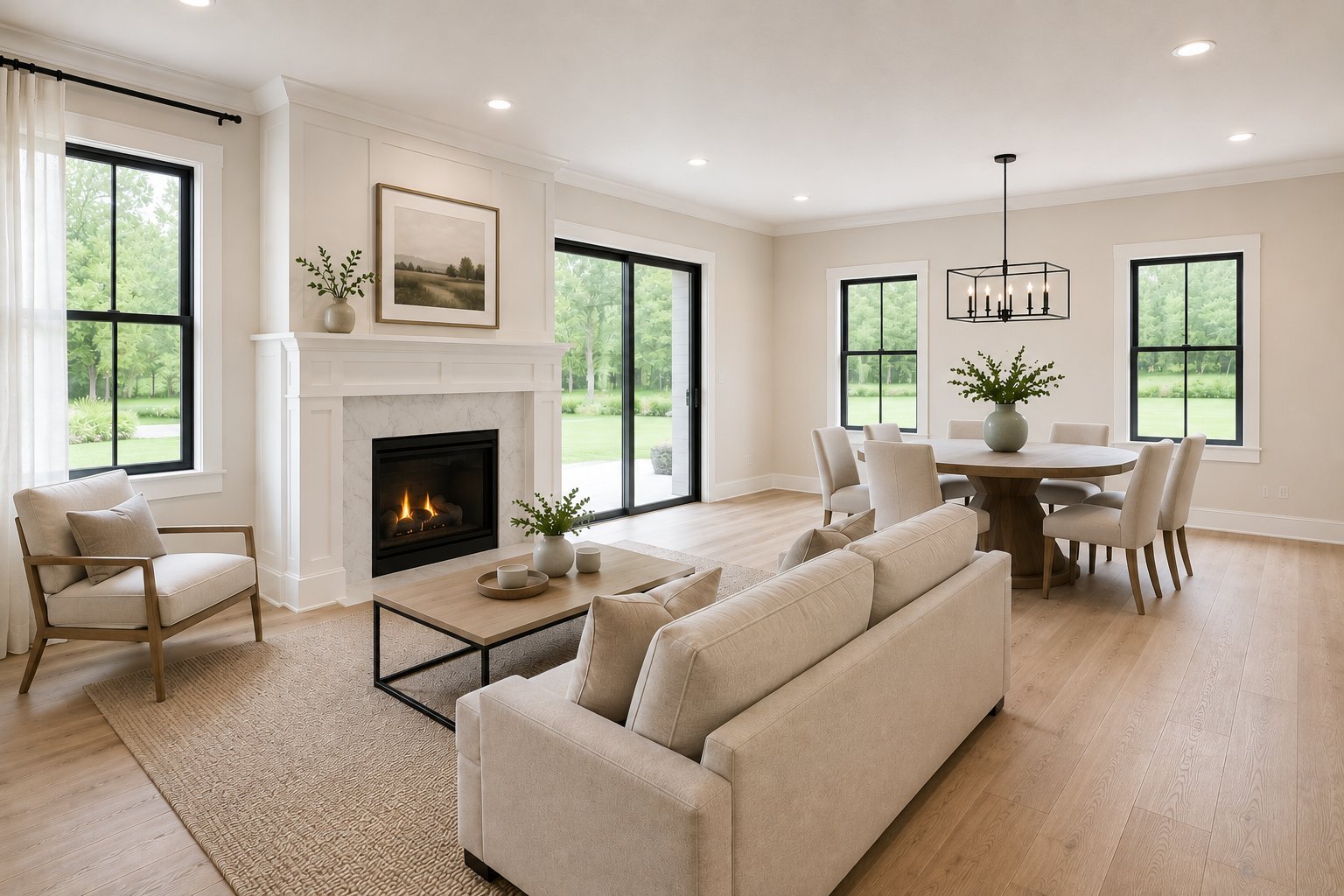 Family room and dining area with a gas fireplace, large sliding glass door to the yard, and a black lantern chandelier over the dining table