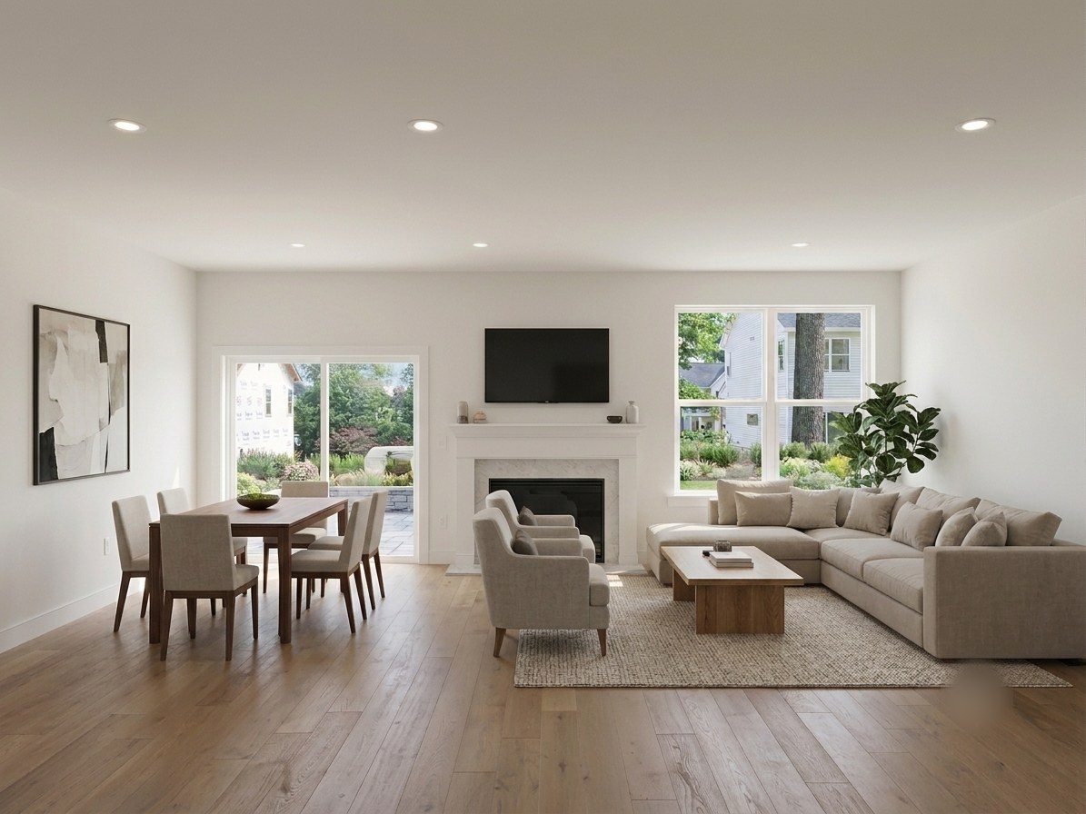 Model 2 great room with sectional sofa, gas fireplace, dining table, and sliding glass door to the yard