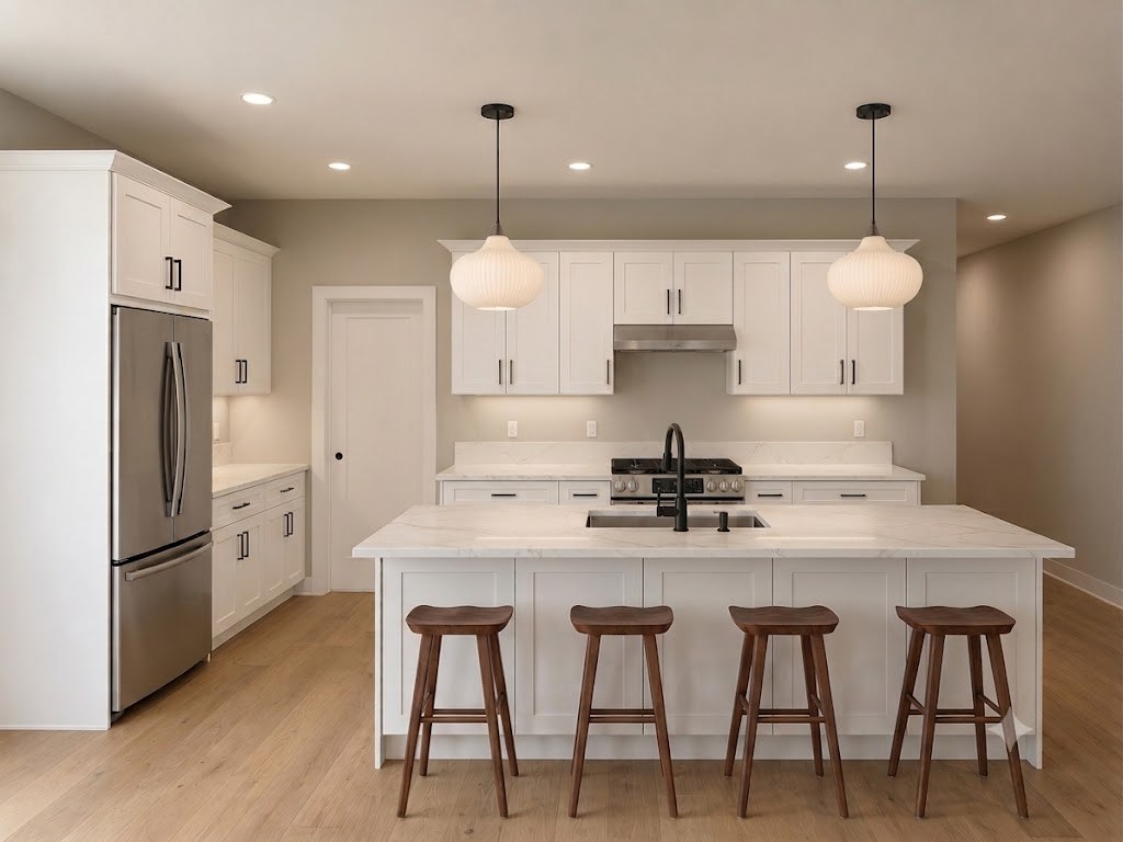 Model 1 kitchen with white shaker cabinets, quartz island, four wood barstools, and black pendant lights