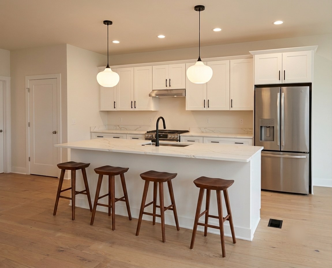 Model 2 kitchen with white cabinets, quartz island, wood barstools, and stainless refrigerator