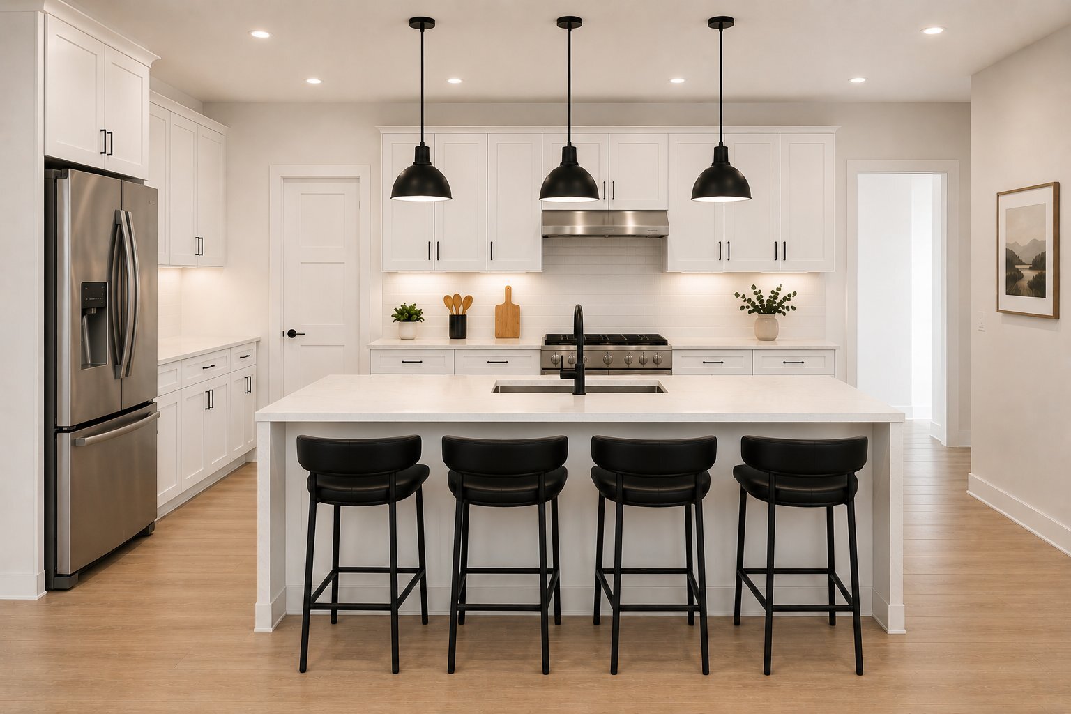 Open kitchen with a large quartz island, four black leather barstools, and three black pendant lights over a stainless gas range