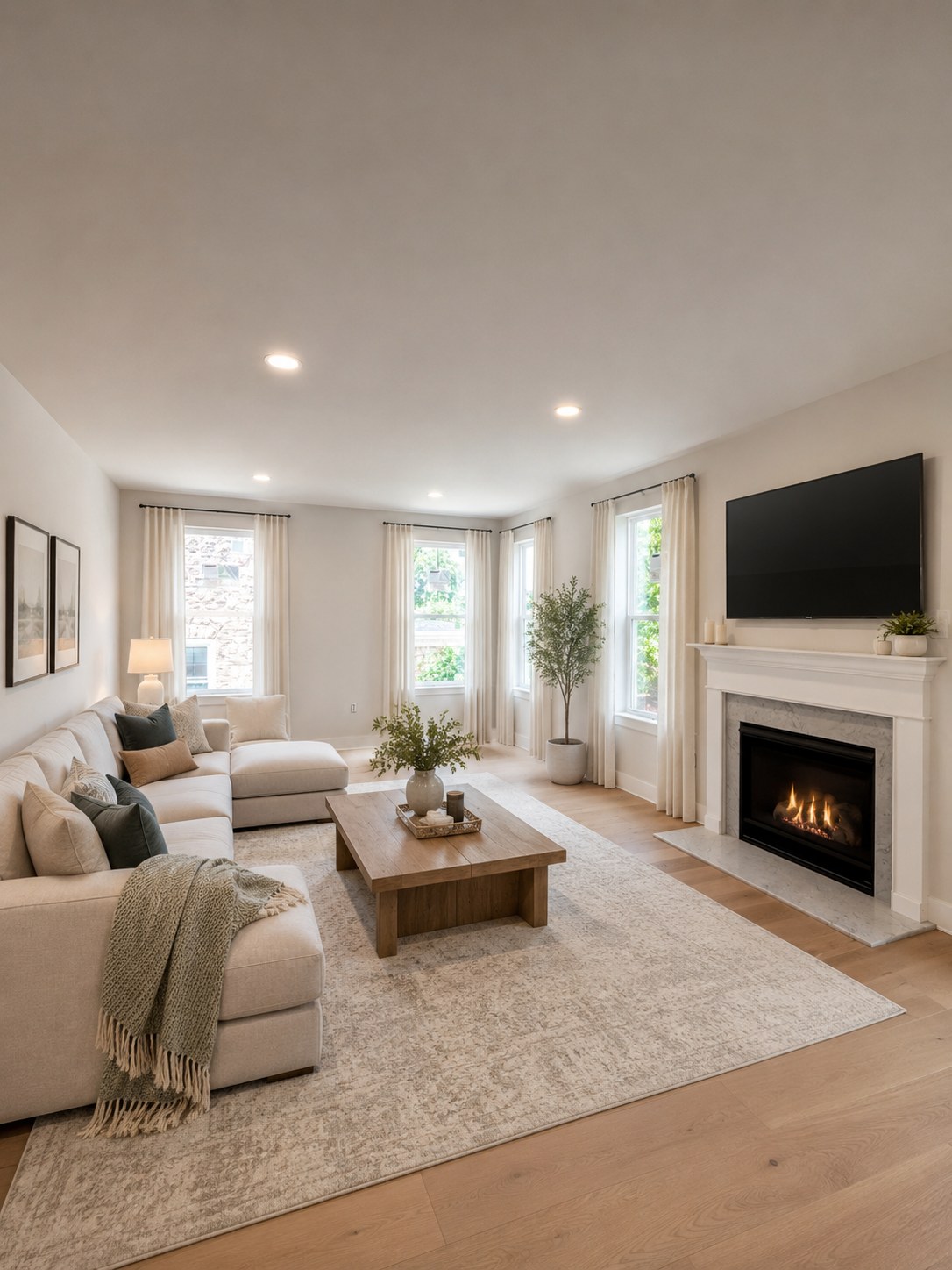 Model 1 living room with sectional sofa, gas fireplace with wall-mounted TV, and large windows
