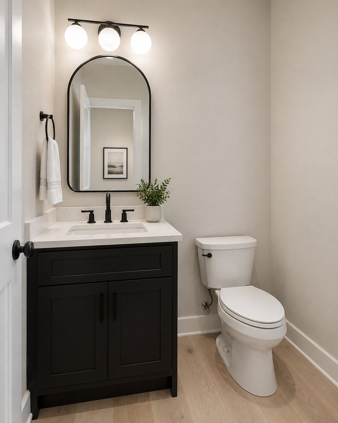 Powder room with black shaker vanity, arched mirror, and three-globe black vanity sconce