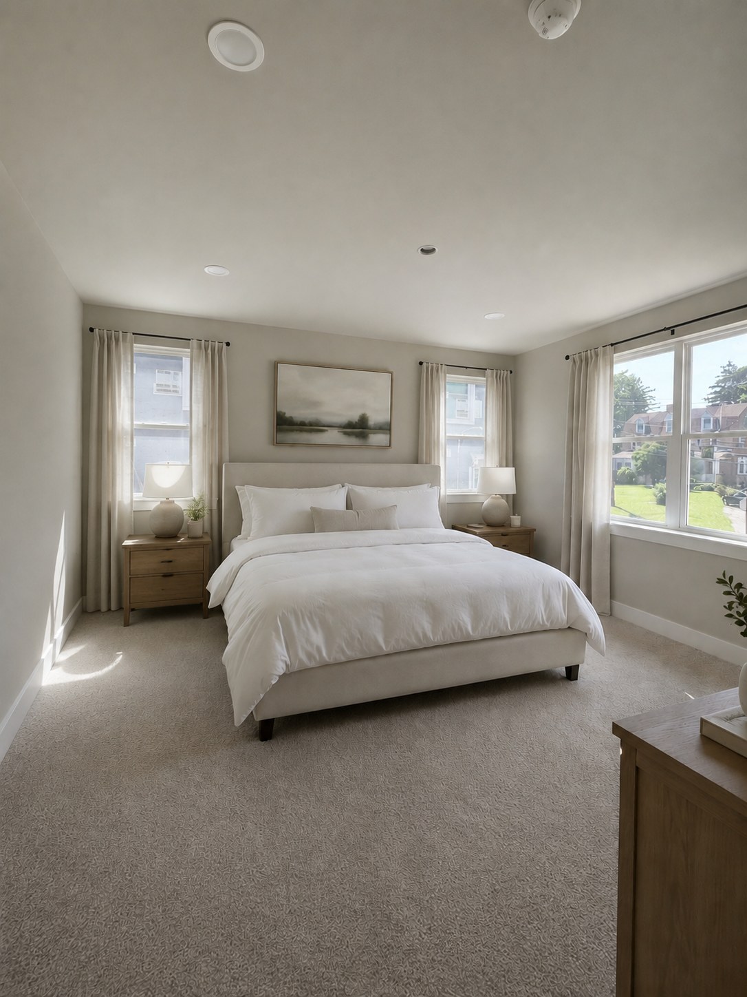 Model 2 primary suite with upholstered bed, two nightstands, and large windows