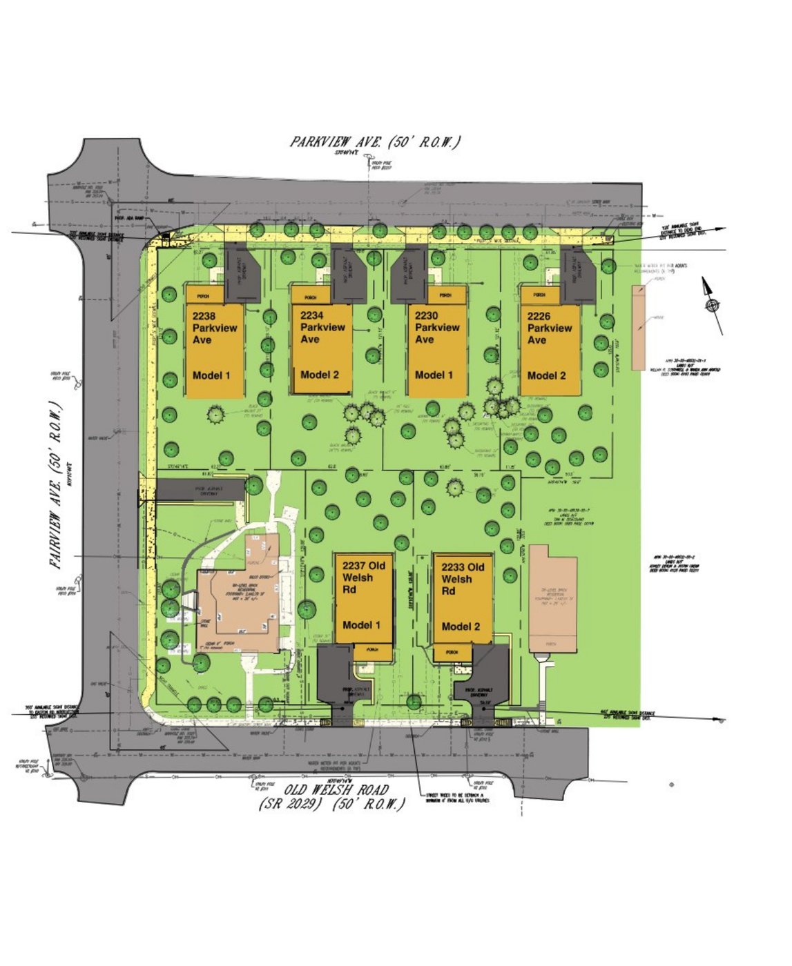Site map showing six lots along Parkview Avenue and Old Welsh Road